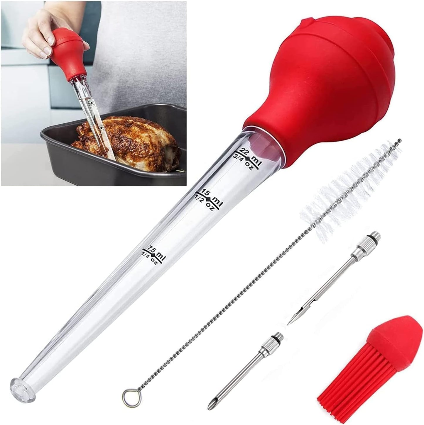 KAYCROWN Turkey Baster Commercial Grade Quality Silicone Bulb Including 2 Meat Marinade Injector Needles with Barbecue Basting Brush and Cleaning Brush for Easy Clean Up