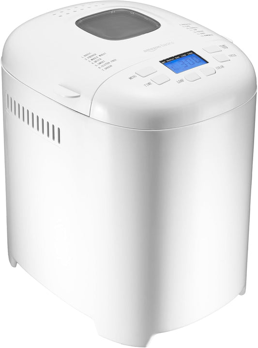 Amazon Basics Programmable Bread Maker, 2 Pound Non-Stick Automatic Bread Making Machine, 14 Settings for Breads, Doughs, Gluten-Free Options and More, LCD Display, White