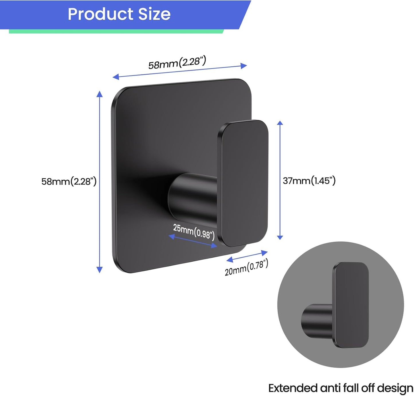 Black Hooks for Hanging Heavy Duty, Adhesive Hooks for Shower, Bathroom, Kitchen, Robe, Towel, Coat, Waterproof & Rustproof Hook for Walls No Damage, Stainless Steel Sticky Hook - 4 Pack