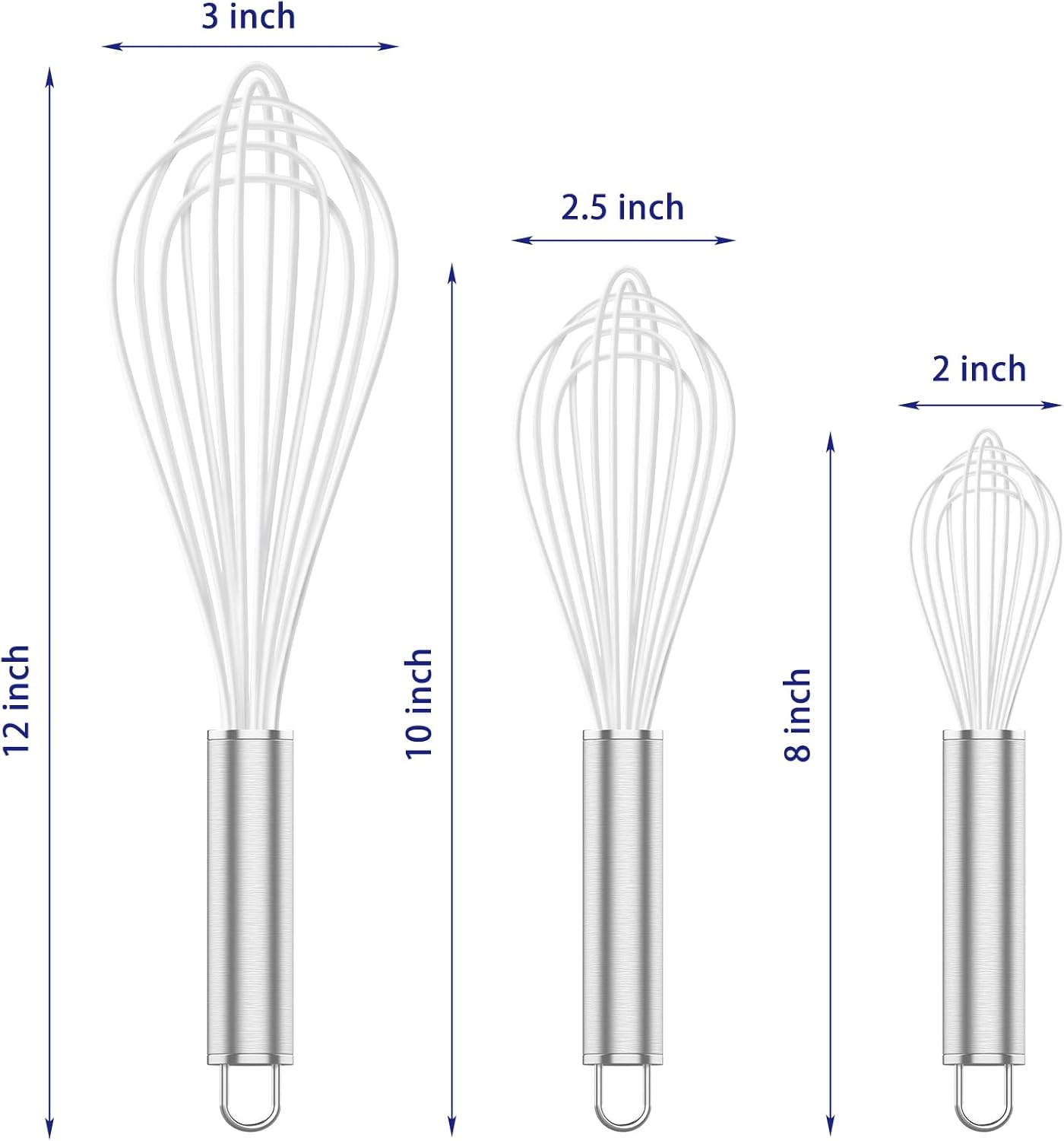 White Silicone Whisk, Professional Whisks For Cooking Non-Scratch, Stainless Steel & Silicone Wisk, Plastic Rubber Whisk Tool For Nonstick Cookware Pans, BPA free, Silicon Wisks Set of 3