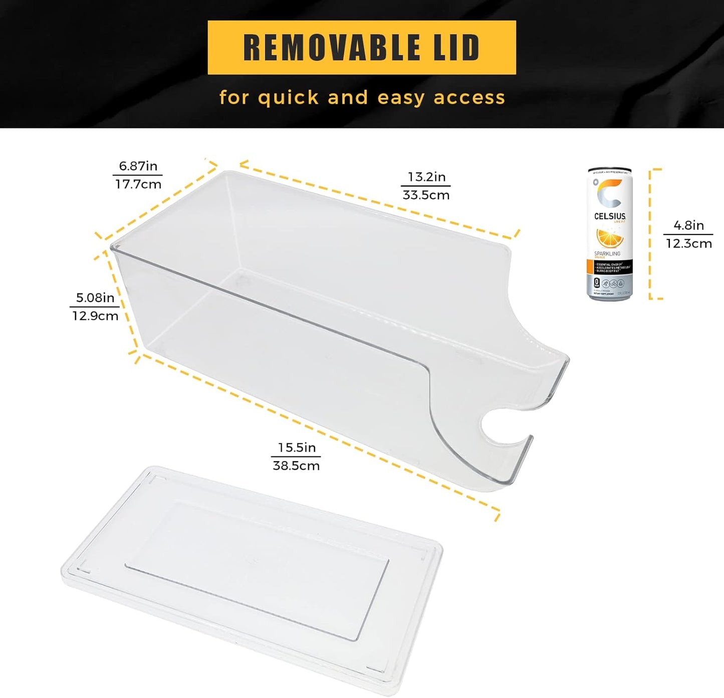 4 Pack Skinny Can Organizer for Refrigerator, Stackable Tall Skinny Soda Pop Can Holder Dispenser with Lid for Fridge Pantry Rack Freezer, Clear Plastic Storage Bins-Holds 12 Slim Cans Each