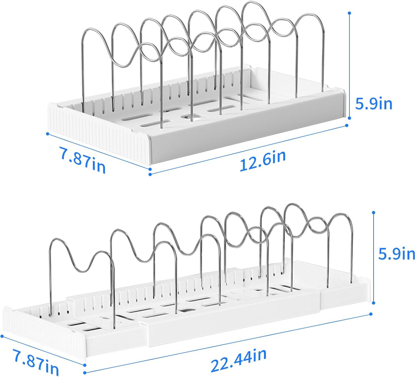 Expandable Pot Storage Rack for Kitchen Cabinets - Under-cabinet pot organizer, in-cabinet pot organizer, 10 adjustable compartments for pot lids, baking trays, cookware