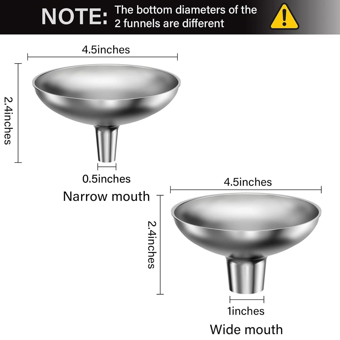 Stainless Steel Funnel, 2 Large and Small Mouth Filling Kitchen funnels, Liquids, fluids, Spices and Powders, Durable and Washable.