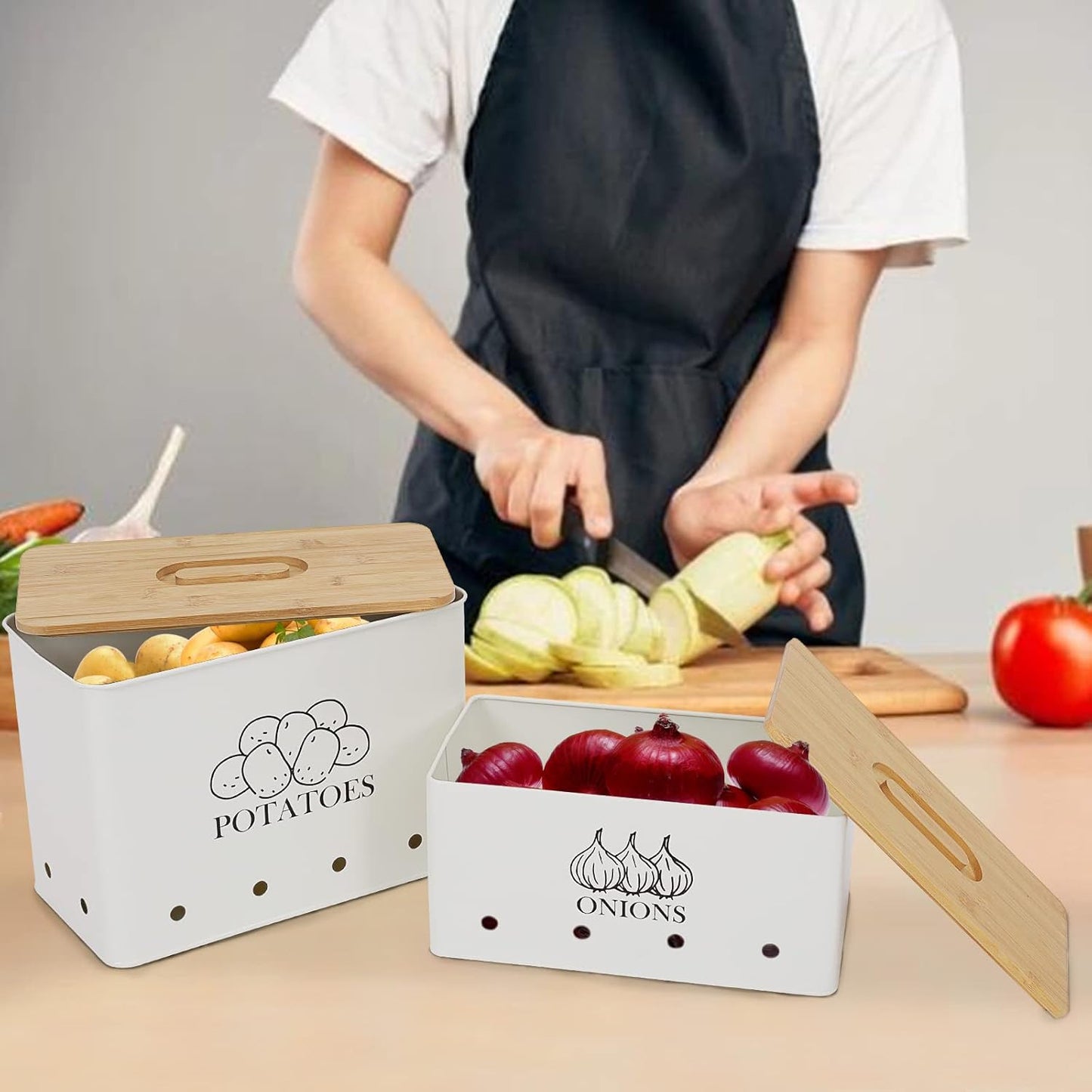 Potato Onion Storage Box, Food Container Sets, Storage Canisters for Vegeatables, Set of 2 Jars Pots Containers, Potato & Onion Bin with Aerating Tin Storage Holes & Bamboo Lid-White