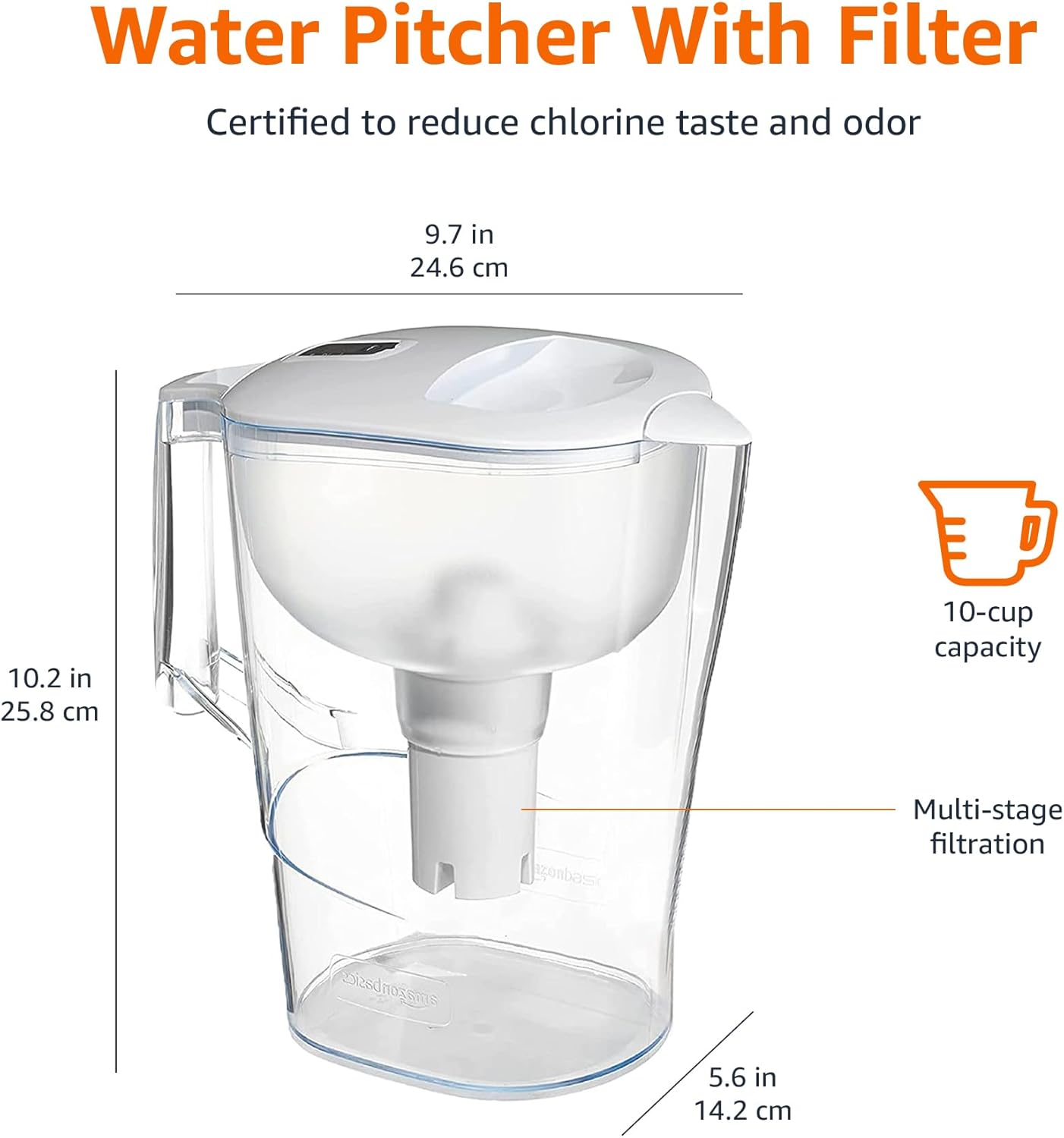 Amazon Basics 10-Cup Pitcher with Filter Compatible with Brita Water Filter Pitcher for Clean, Crisp Water, WQA and NSF Certified, Made in Europe