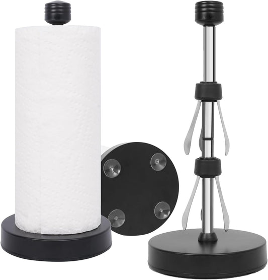 Stainless Steel Black Paper Towel Holder Designed for Easy One-Handed Operation - This Sturdy Weighted Paper Towel Dispenser Countertop Model Has Suction Cups and Holds All Paper Towel Rolls (Black)