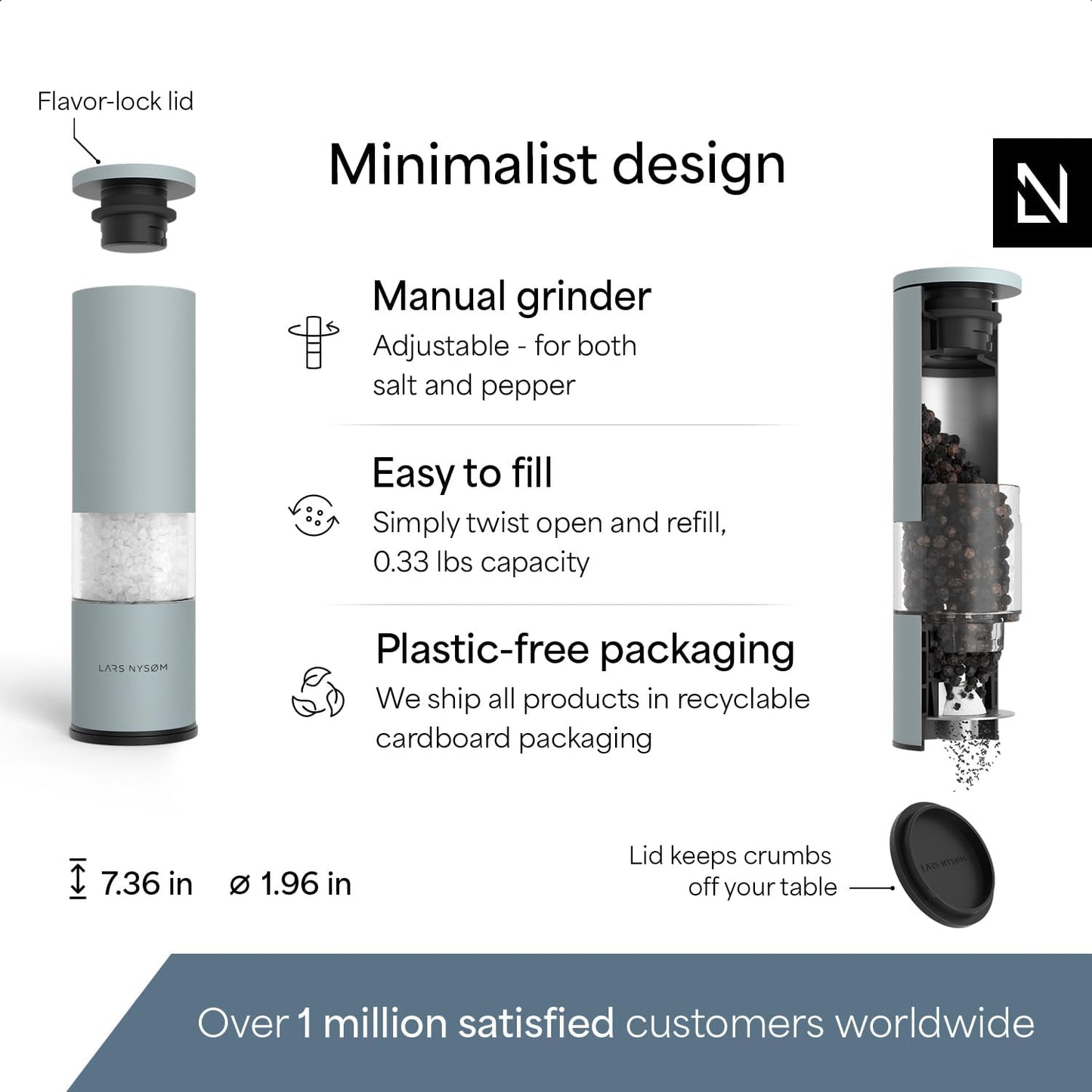 LARS NYSØM Salt and Pepper Grinder Set Manual, Stainless Steel Salt and Pepper Mills with Adjustable Ceramic Grinder I Design Spice Shakers (Sky Blue)