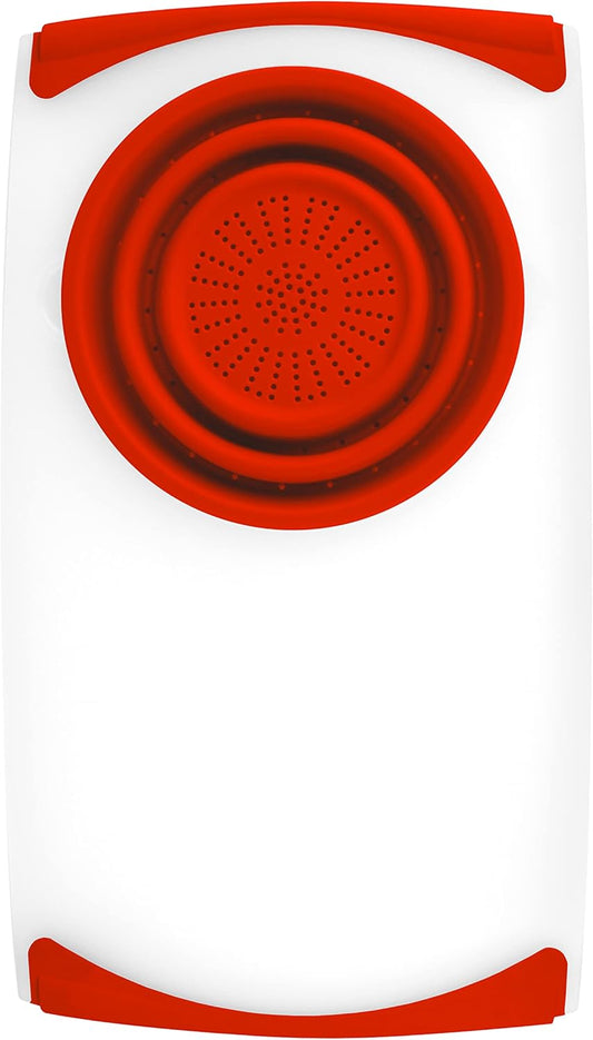 Dexas Over the Sink Poly Cutting Board with Collapsible Colander Strainer, 11.5 x 20",Natural/Red