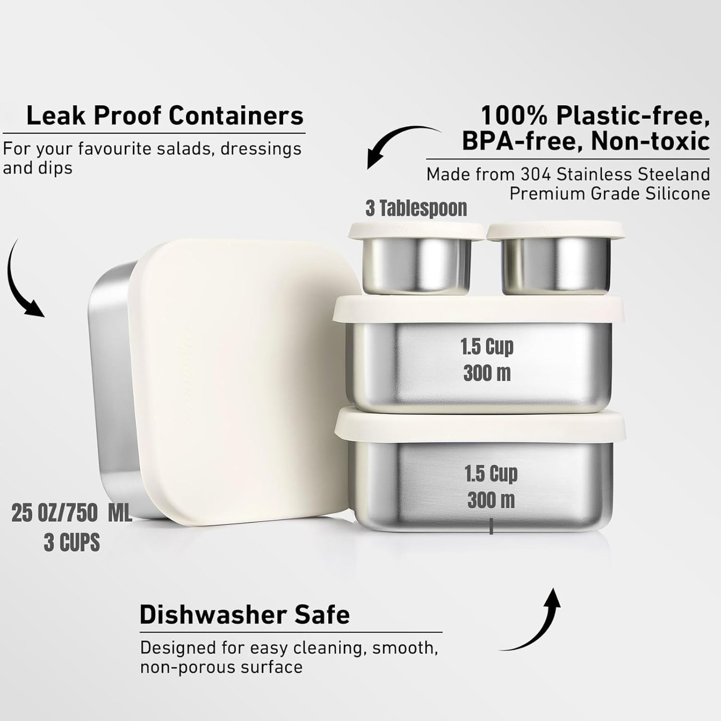 Flexibento - Leak proof Stainless Steel Lunch Box | Lunch Containers with Silicone Lids | Steel Bento Box |Metal lunch Box|1 * 25 OZ+ 2 * 13 OZ + 2 * 2 OZ| Set Of 5 |Vanilla