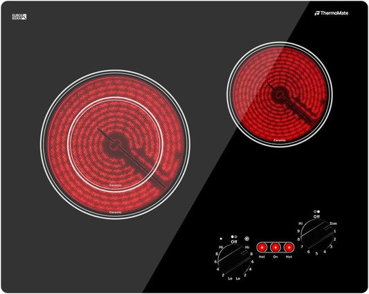 Apartment Electric Cooktop, ThermoMate 21 Inch Built-in Radiant Electric Stove Top, 3700W Ceramic Stove Top with 2 Burners, UL Certified, Knob Control, 240V