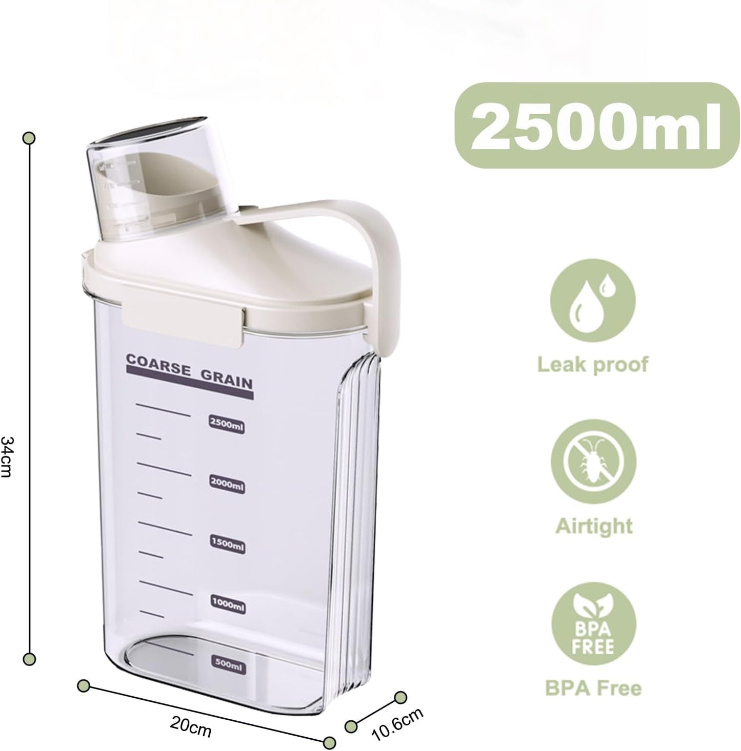 2-Pack Airtight Cereal & Dry Food Storage Containers, BPA-Free Plastic Rice Containers with Lids & Measuring Cup, Kitchen & Pantry Organization for Dry Pet Food, Flour, Grain, Nuts, Snacks, White