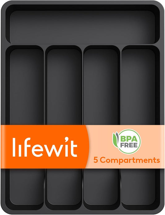 Lifewit Silverware Drawer Organizer Tray, Plastic Cutlery Storage for Kitchen Drawer, Flatware and Utensil Holder Divider for Spoons Forks Knives Tableware, 5 Compartment, Black