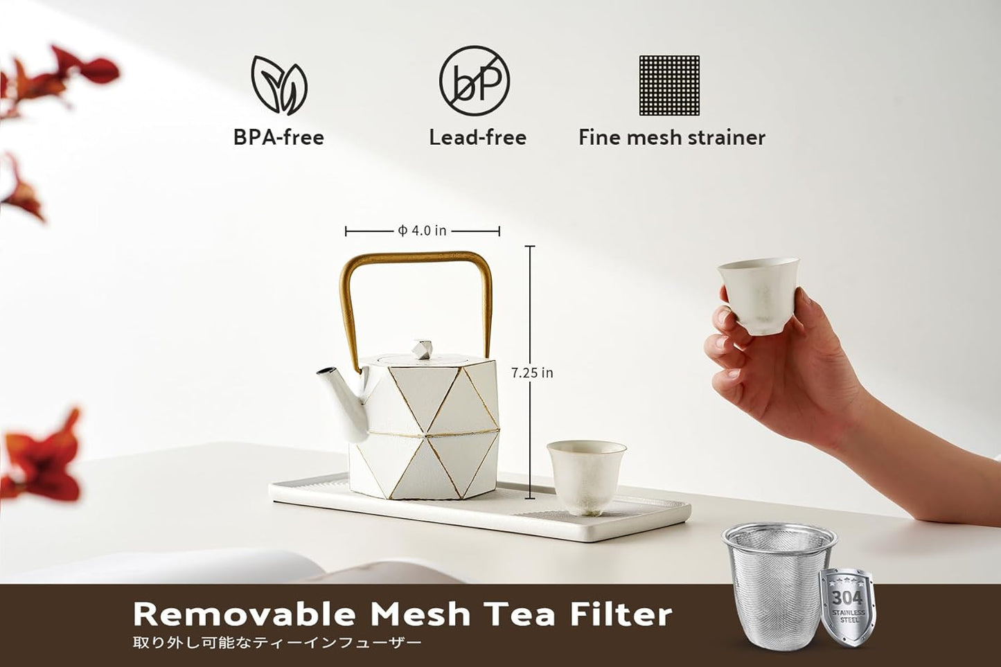 Toptier Cast Iron Teapot, Stovetop Safe Japanese Cast Iron Tea Kettle, Diamond Design Tea Pot with Removable Infuser for Loose Tea, 30 Ounce (900 ml), White