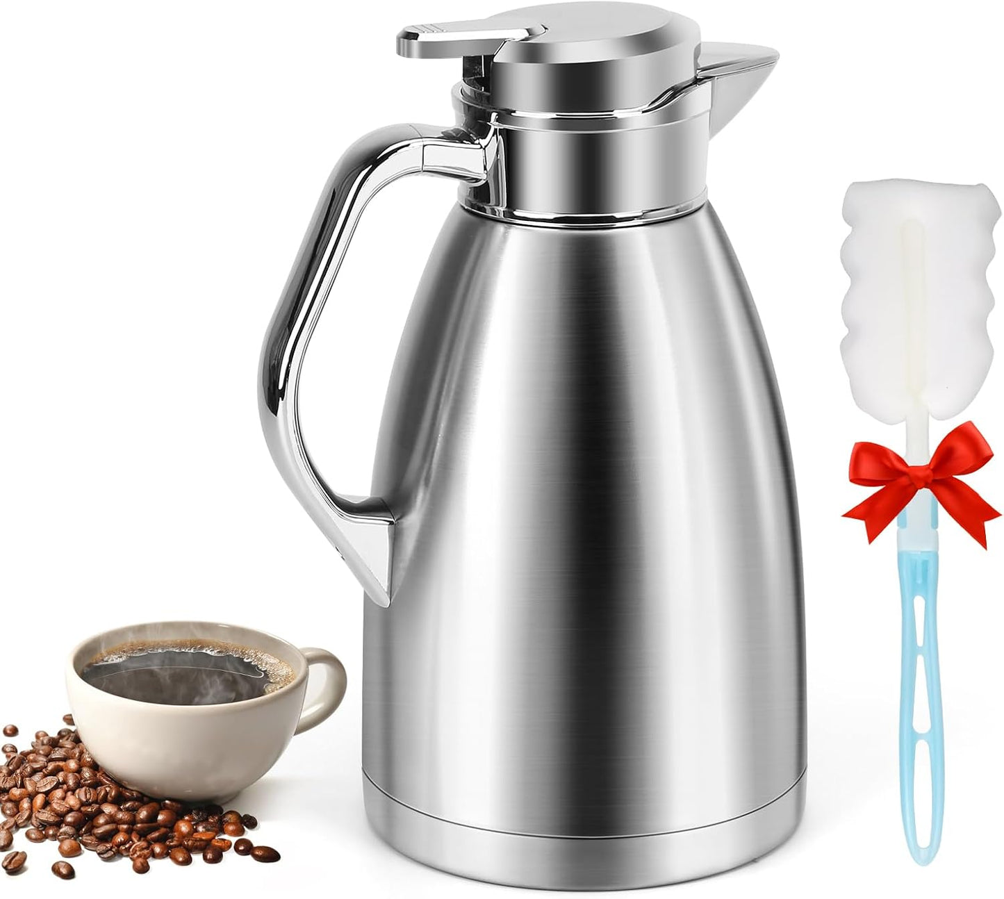 Coffee Carafes for Keeping Hot, ShineMe Stainless Steel Thermal Coffee Carafe with Cleaning Brush, Double Walled Vacuum Coffee Pot，61oz Insulated Tea & Coffee Dispenser, Long Heat/Cold Retention