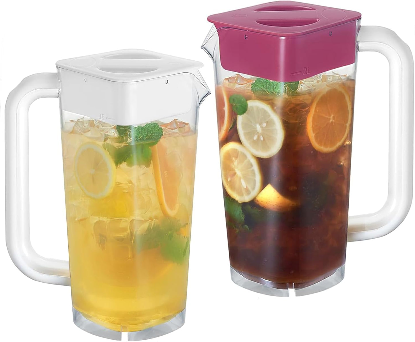 CURTA Plastic Pitcher with Lid, 2L Heavy-Duty Shatterproof Clear Water Pitcher with Handle for Lemonade, Coffee, Milk, Juice,cafeteria, 2 Pack