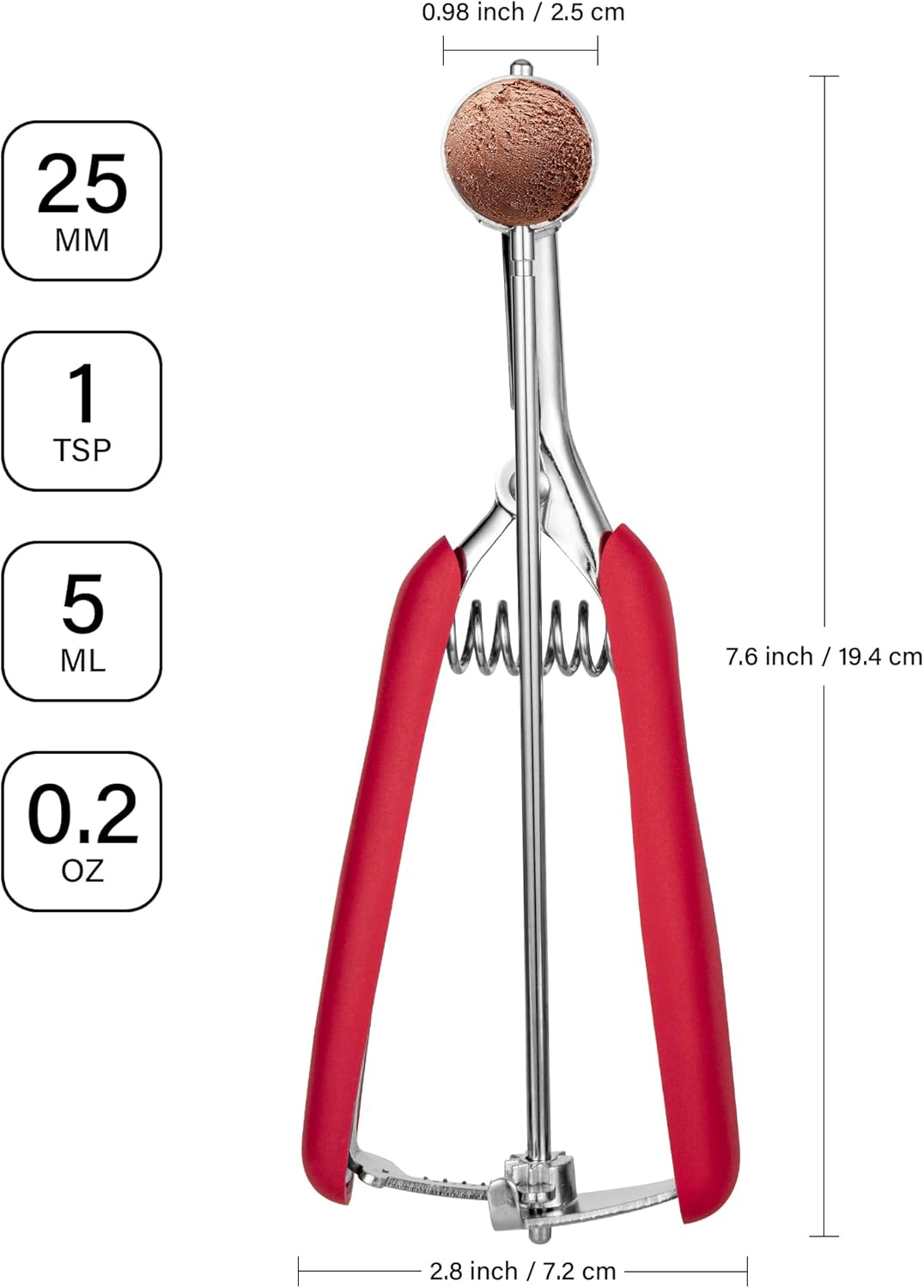 TJ POP Extra Small Cookie Scoop, 1 Teaspoon Cookie Scoop, Mini Ice Cream Scoop for Melon Baller, Cookie Dough, 0.2oz / 25mm, Easy Squeeze & Release, Red