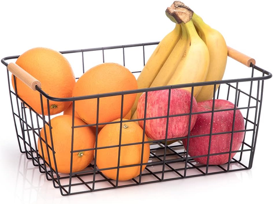 Metal Wire Food Storage Basket Organizer with Wooden Handles for Organizing Kitchen Cabinets, 4 Packs-Black