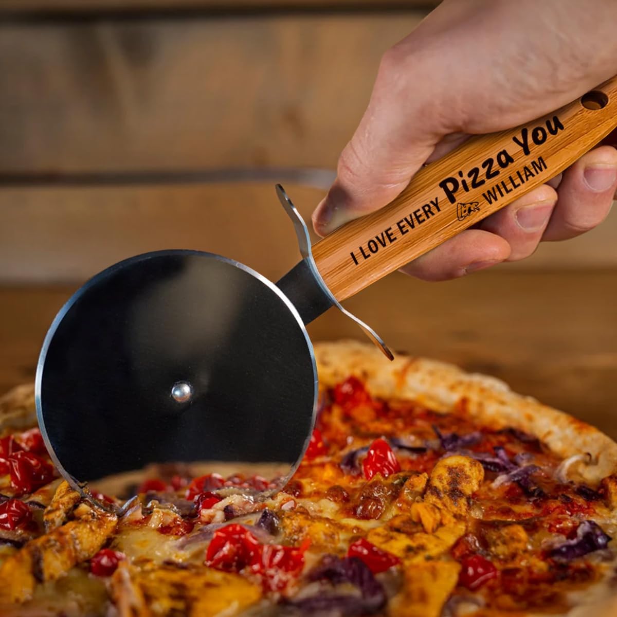 Pizza Cutter Wheel with Sharp Blade - Gifts for Men, Women, Gift for Husband, Birthday & Christmas Gift - Wooden Pizza Wheel Cutter (I Love Every Pizza You)