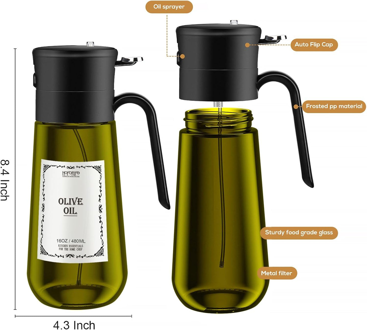 2 PCS Glass Olive Oil Dispenser for Kitchen, 2 In 1 Oil Dispenser Bottle & Oil Sprayer for Cooking, Auto Flip Cap, 17oz Black (Light Blockage)