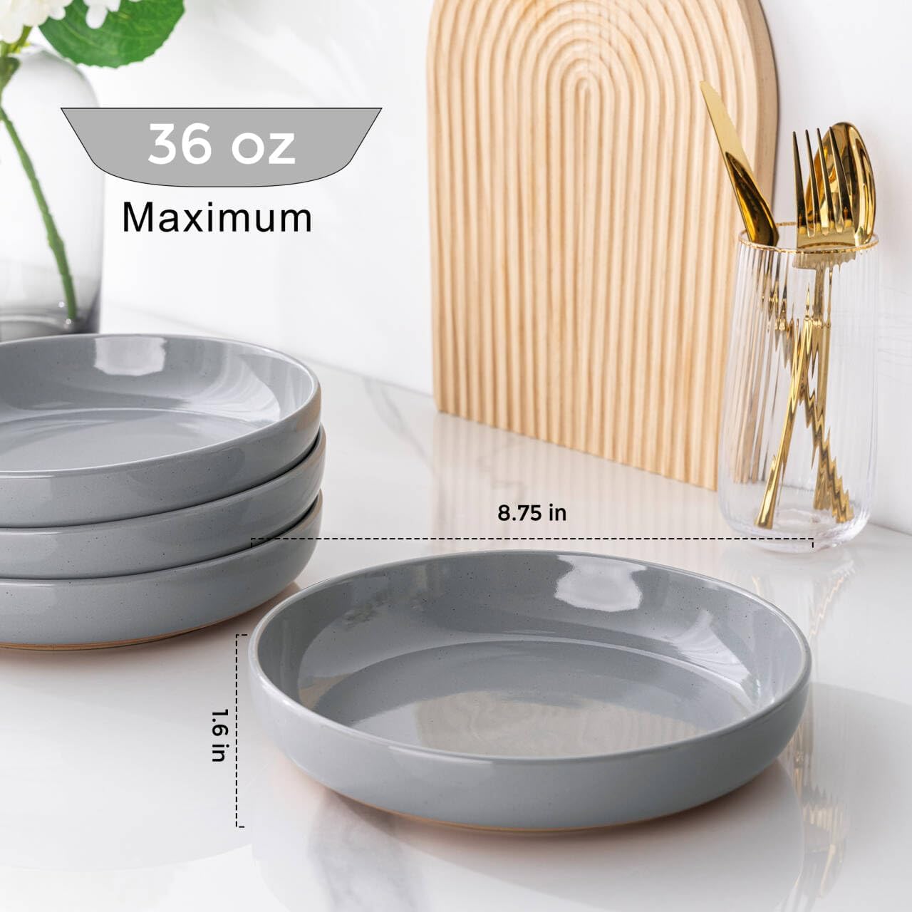 AmorArc 8.75'' Large Ceramic Pasta Bowls, 36oz Handpainted Stoneware Bowls Set of 4, Microwave&Dishwasher Safe Bowls with Wavy Rim&Rustic Terracotta Underside for Pasta Salad, Gray