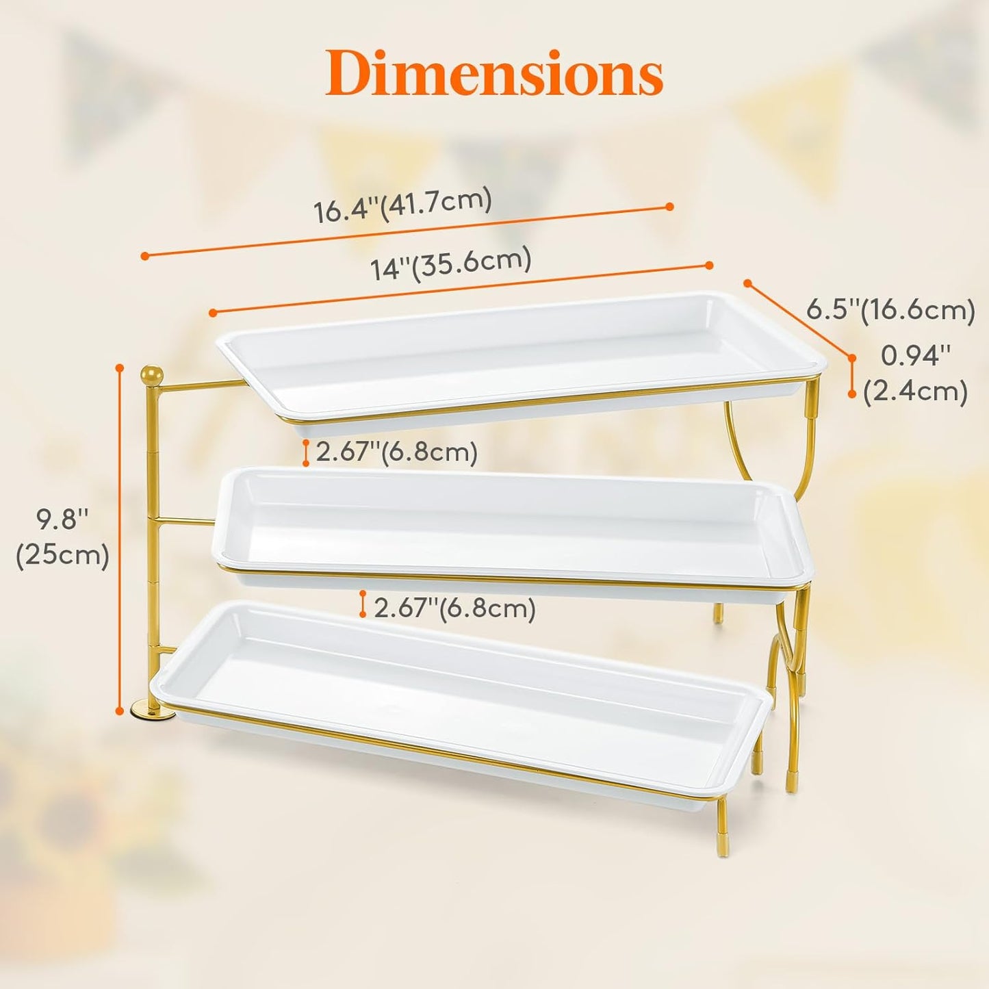 Lifewit 3 Tiered Tray Stand for Party Entertaining, 14"×6.5" Serving Platters and Trays, Reusable Plastic Trays with Stable Gold Mental Stand for Veggie, Fruit, Cookies, Dessert