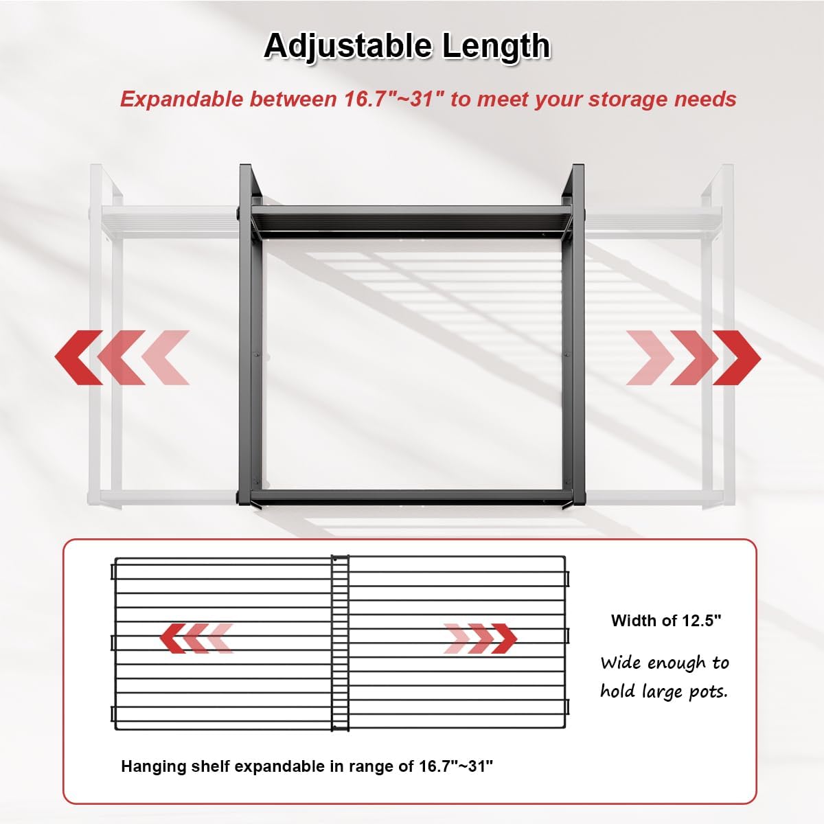 31 Inch Pot Rack Wall Mounted, 2-Tier Hanging Pots and Pans Organizer Expandable Heavy Duty Kitchen Shelves with 6 Pot Lid Holders and 12 Hooks for Kitchen Cookware Utensils Storage