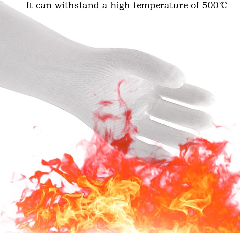 Silicone BBQ Gloves, Oven Gloves with Fingers 932°F Heat Resistant, Kitchen Waterproof Hot Proof Glove for Fryer, Smoker, Baking, Cooking (White, L)