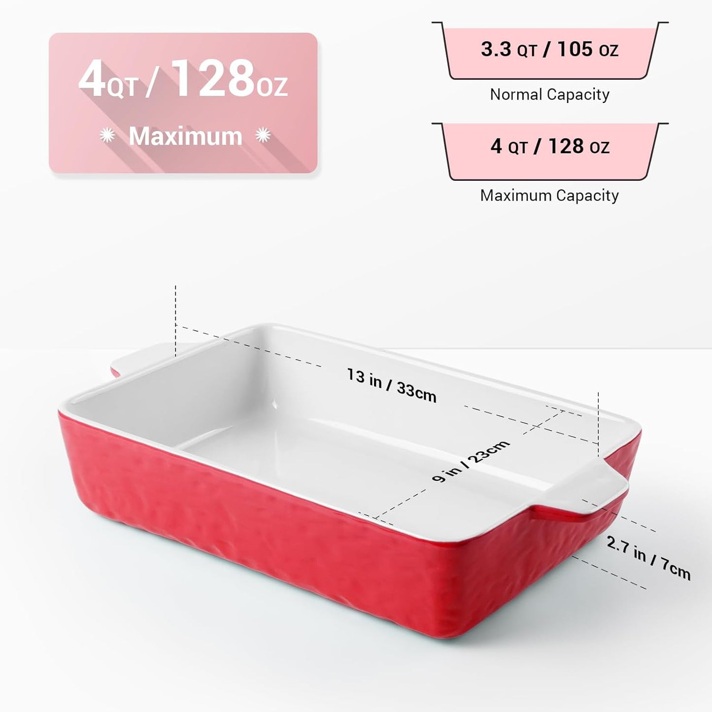 4 QT Baking Dish, Casserole Dishes for Oven, 9x13 Baking Pan with Handles, Lasagna Pan Deep, Ceramic Casserole Dish Oven Safe for Baking, Lasagna, Kitchen, Wedding Gift (Red)