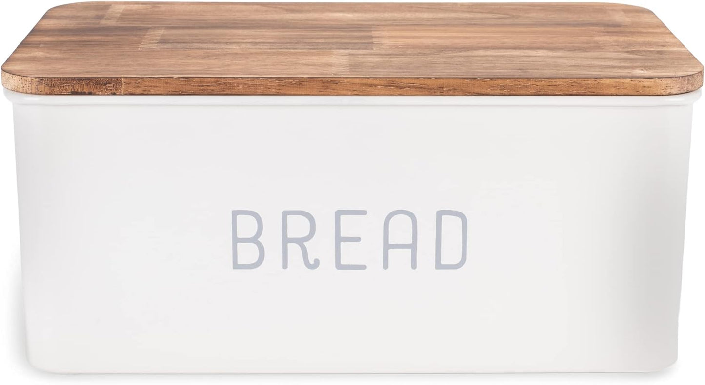 Nat & Jules Matte White 12 x 7 Metal Enamel Rubber Wood Lidded Bread Box