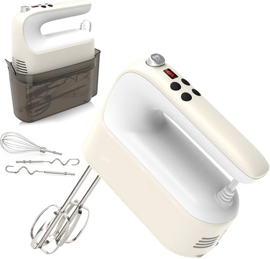 9-Speed Digital Hand Mixer Electric, 400W Powerful DC Motor, Baking Mixer Handheld with Snap-On Storage Case, 5 Stainless Steel Accessories, Flat Beaters, Dough Hooks, Whisk (Cream White)