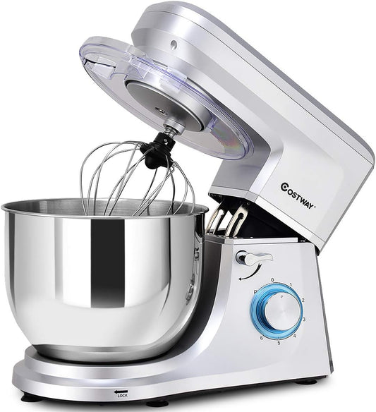 COSTWAY Stand Mixer, 7.5-Quart 660W 6-Speed Electric Mixer with Stainless Steel Bowl, Tilt-head Food Mixer with Dough Hook, Beater, Whisk (Sliver)