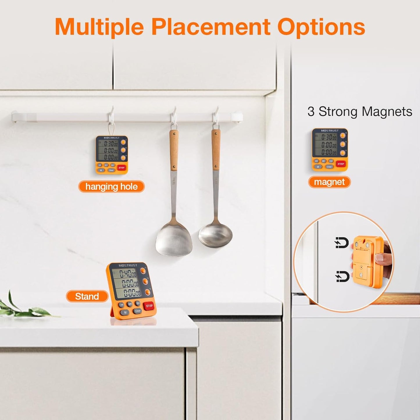 Digital Dual Kitchen Timer, 3 Channels Countdown Triple Timer for Cooking, Magnetic Memory-Preset Large-Display Adjustable Alarm Volume, Multi Times Management, 3A Battery Included, Blue