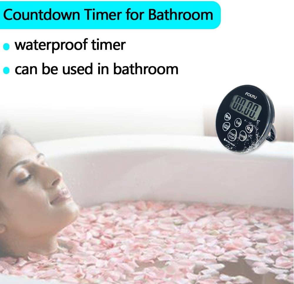 FCXJTU Digital Waterproof Shower Clock Timer, Bathroom Shower Countdown Timer with Alarm, Magnetic Back, Stand for Kitchen Cooking Dark Black