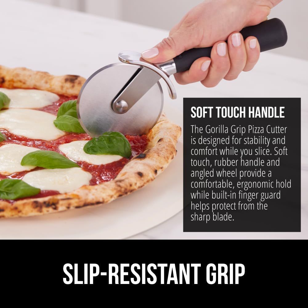 GORILLA GRIP BPA-Free Large Pizza Cutter Wheel, 9 Inch, Sharp Stainless Steel Blade, Slip Resistant Handle with Thumb Guard Protection, Slice Thick or Thin Pizzas, Pie, Pastries in Seconds, Black