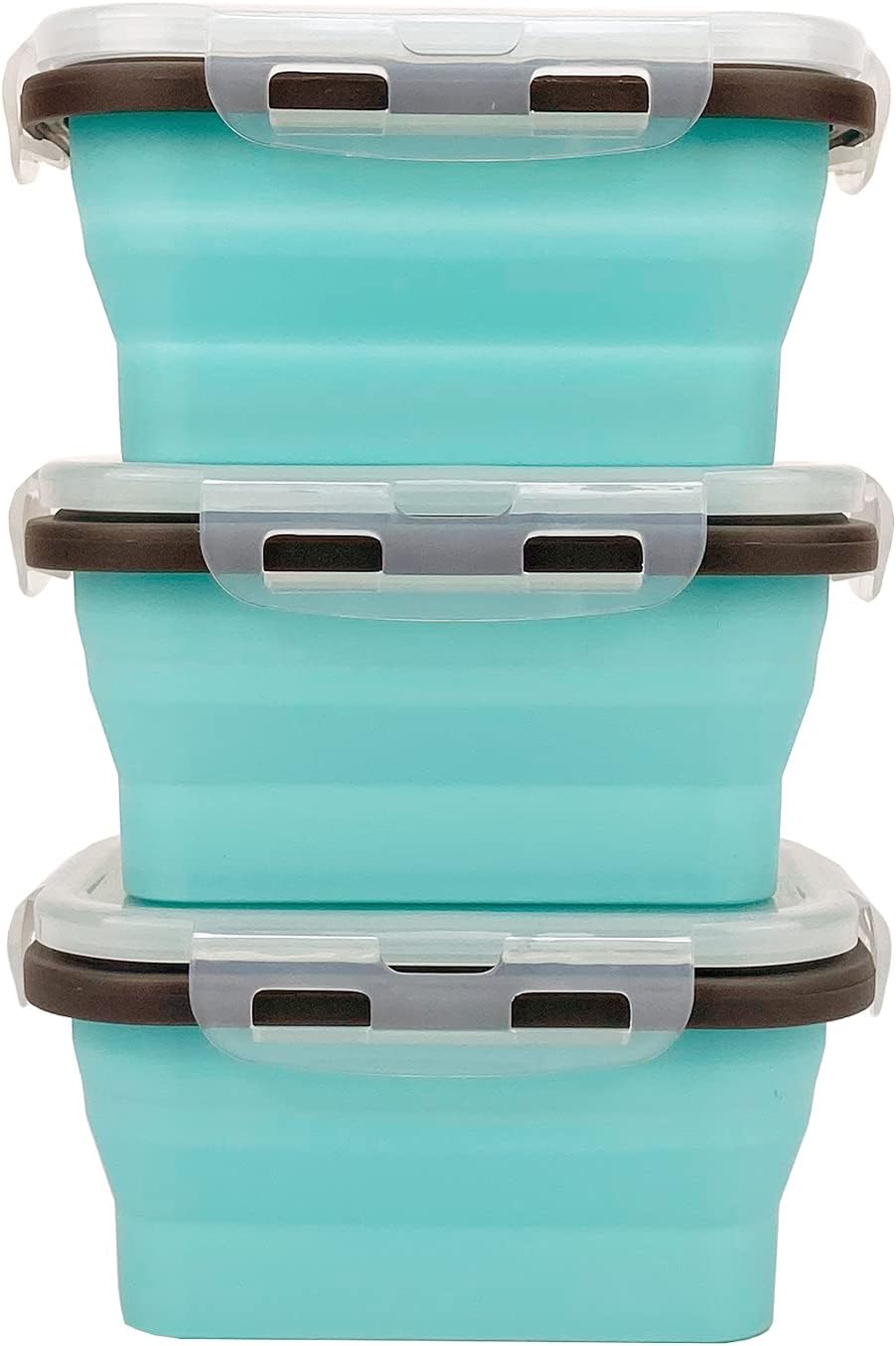 CCyanzi 3piece Collapsible Food Storage Containers with Lids, Silicone Lunch Container, Microwave & Freezer Safe, Space Saving for Kitchen Cabinet and Camping Backpack,(blue gray)