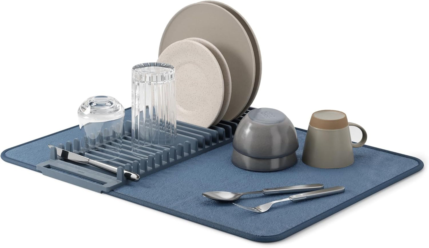Umbra Udry Dish Rack and Microfiber Drying Mat – Space-Saving Design Folds Up for Easy Storage, Basic Rack, Slate Blue