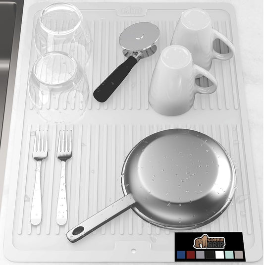 GORILLA GRIP 100% BPA-Free Patented Silicone Dish Drying Mat for Kitchen Counter, 18x24 Inch, Water Catching Ribbed Design, Easy Clean Waterproof Sink Liner, Heat Resistant, Fits Under Rack, White
