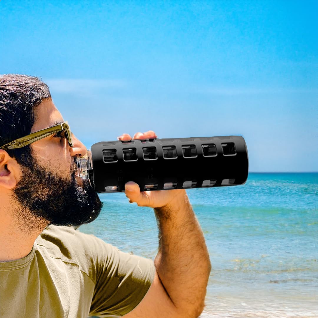 purifyou 40/32 / 22/12 oz Glass Water Bottles with Volume & Times to Drink, Extra Thick Silicone Sleeve, Reusable Bottle for Fridge Water, Milk, Juice (32oz Jet Black)