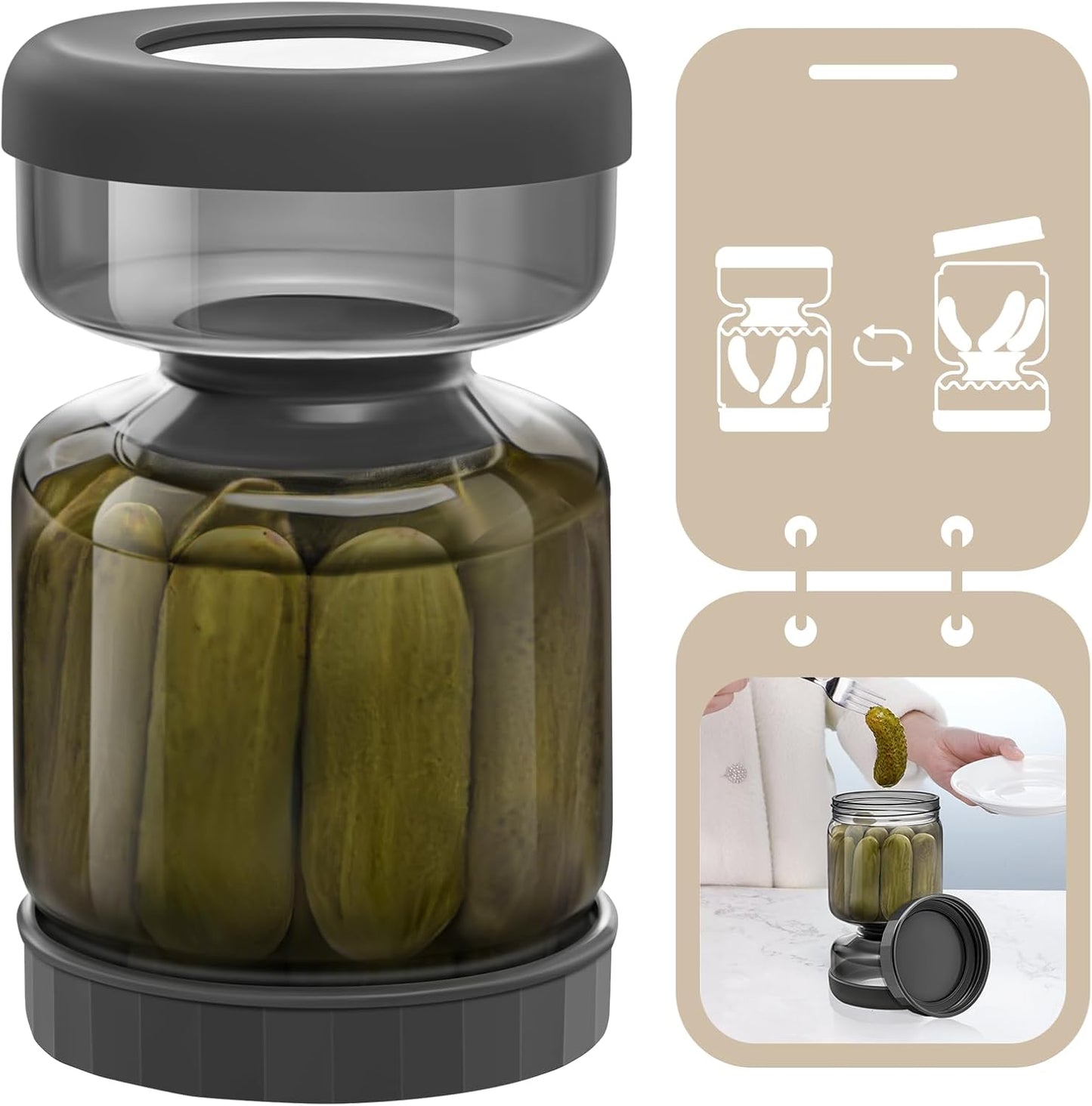 Luvan Pickle Jar with Strainer Flip, 34oz Pickle Container with Strainer, Upside Down Pickle Flip Jar,Glass Pickle Holder with Leakproof Airtight Lid, Hourglass Pickle Storage for Olive,Jalapeno-Grey