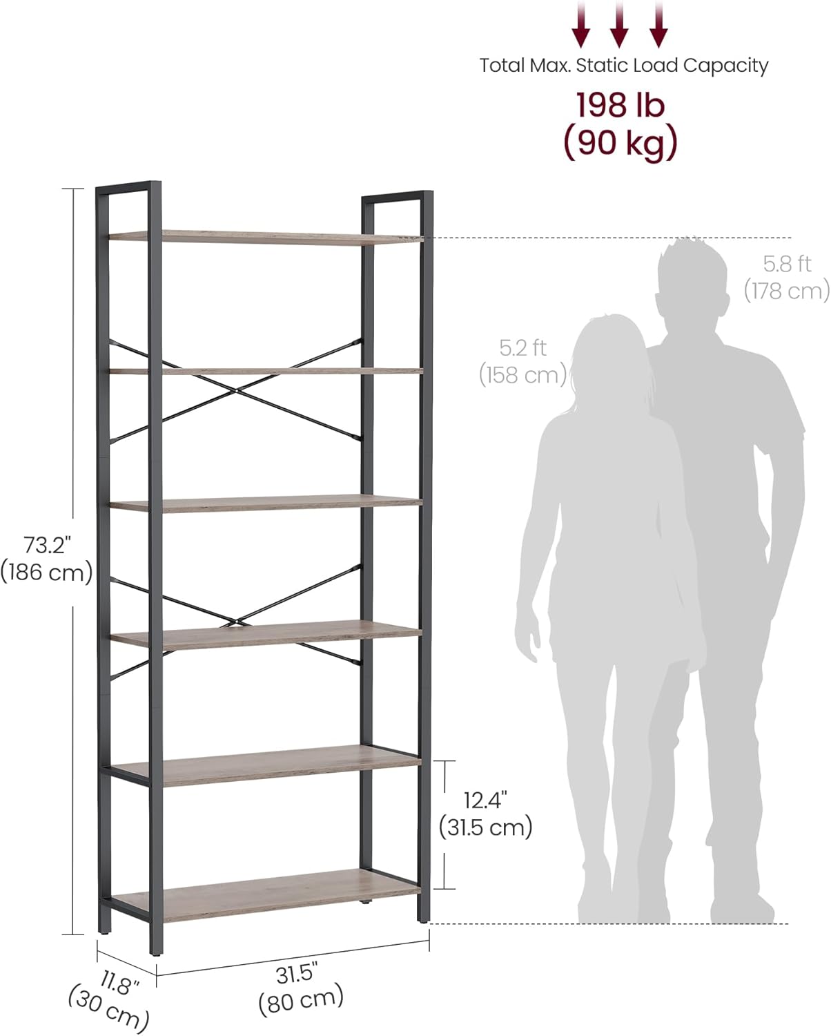 VASAGLE 6-Tier Bookshelf, Bookcase with Steel Frame, Book Shelf for Living Room, Home Office, Study, 11.8 x 31.5 x 73.2 Inches, Industrial Style, Heather Greige and Ink Black ULLS082B02