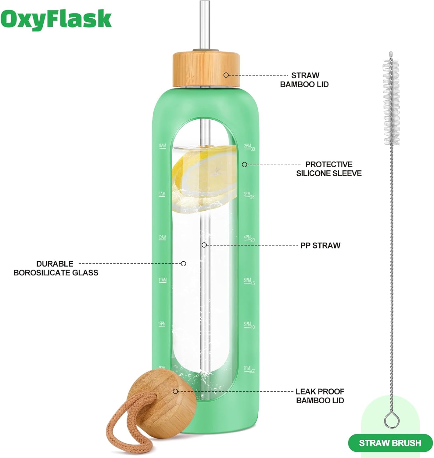 Glass Water Bottles 32 oz - Motivational Drinking Glass Water Bottle with Silicone Sleeve, Straw & 2 Bamboo Lids - 1 Liter Clear Borosilicate Daily Intake Tumbler with Time Marker - Jade Green