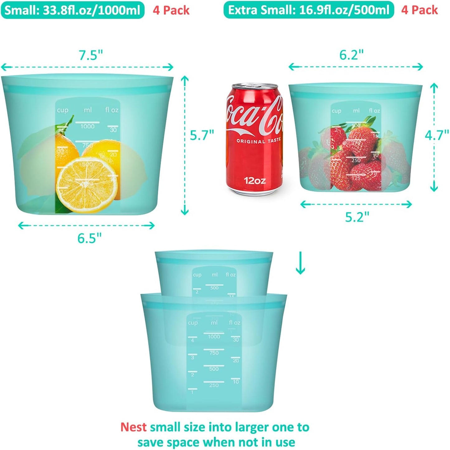 Reusable Sandwich & Snack Bags, 8 Pack 100% Silicone Food Storage Bags Stand Up Zip Lock for Food Container, Freezer Microwave Oven Dishwasher Safe, 4 Small 4 Extra Small, Aqua