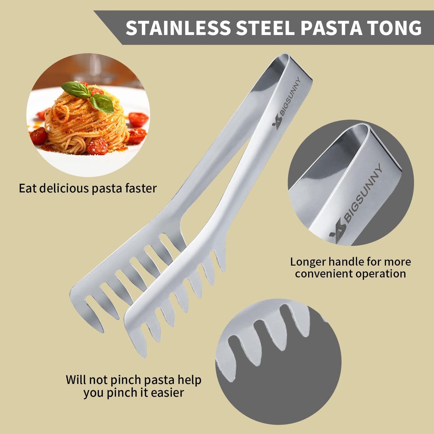 MSY BIGSUNNY Kitchen Pasta Tongs, 8" Stainless Steel Spaghetti Tongs