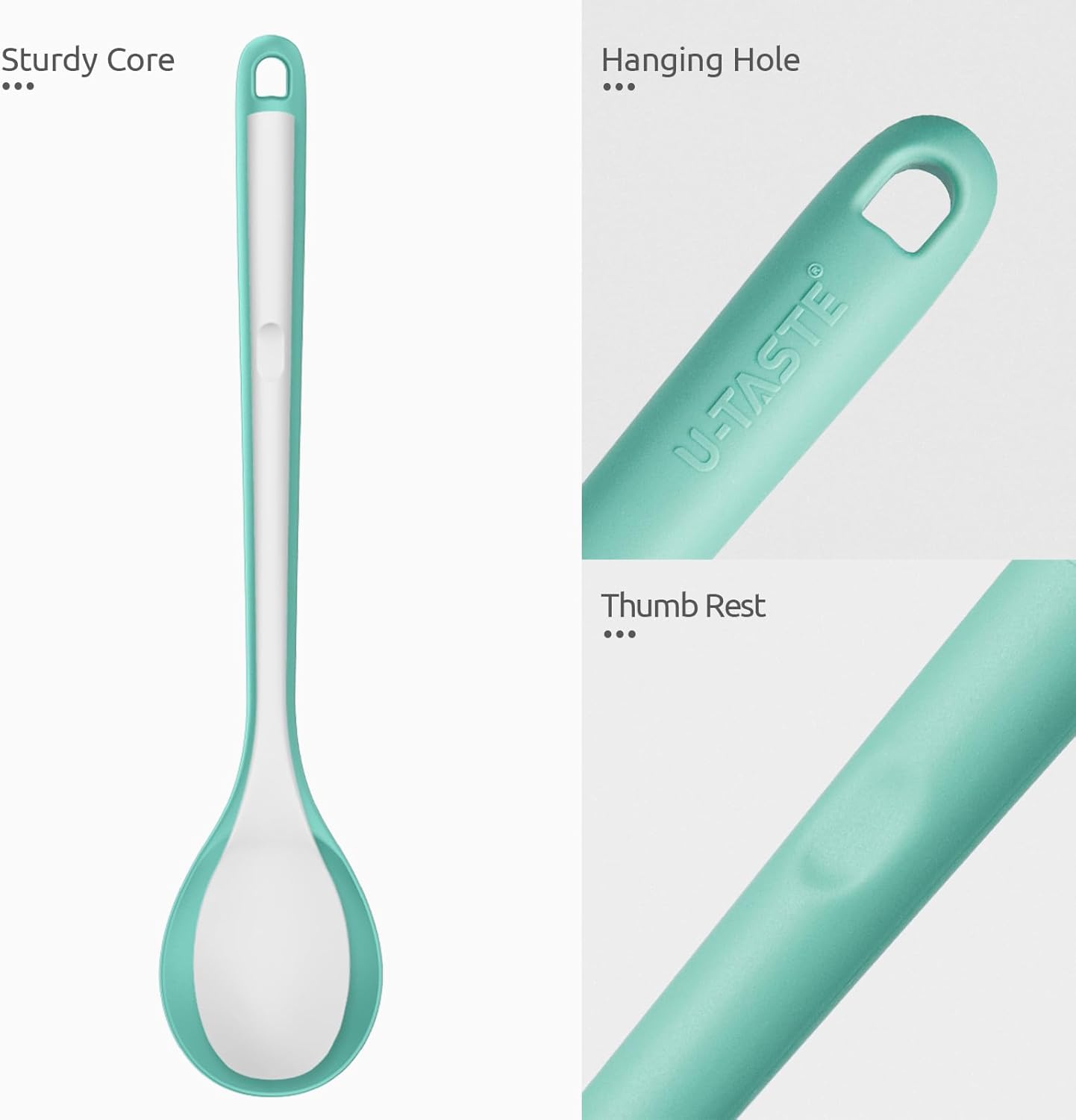 13.3" Solid Cooking Spoon: U-Taste 600ºF Heat Resistant Kitchen Mixing Spoon, Food Grade Nonstick Long and Large Rubber Soup Utensil for Serving, Stirring, Basting, for Pot Cookware (Aqua Sky)