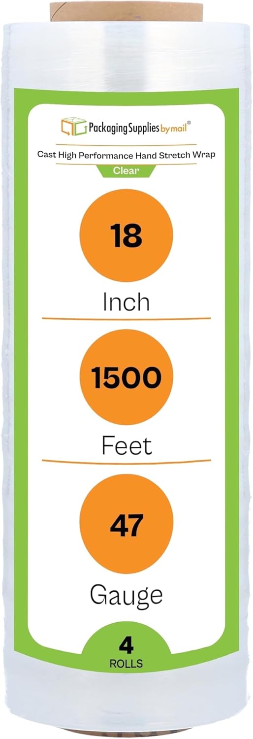PSBM High Performance Pallet Stretch Wrap, 4 Pack Plastic Moving Wrap in 18 Inch x 1500 Feet, 47 Gauge, Clear Packing wrap for moving, Ideal for Furniture Wrapping for moving purposes