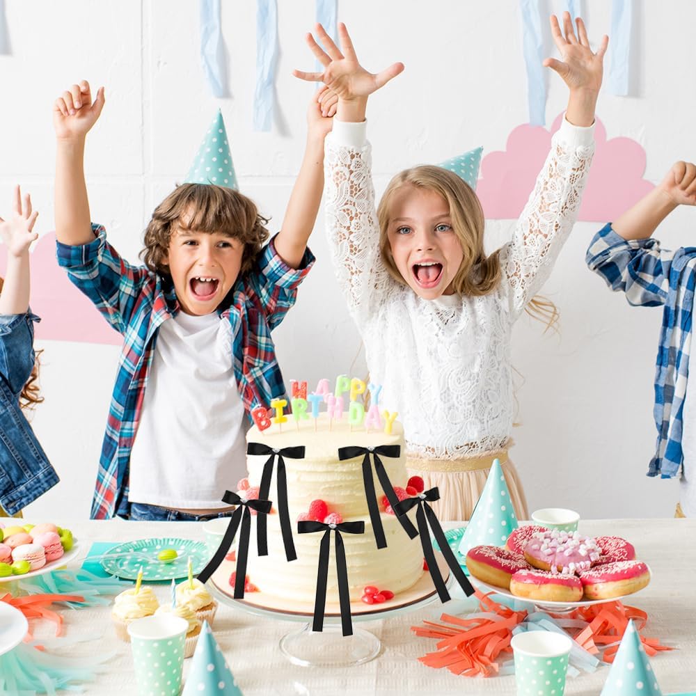 Bow Cake Toppers, 10 Pcs Large Black Bows Cupcake Toppers Themed Party Decorations, Black Birthday Cake Decorations for Wedding Baby Shower Party Supplies