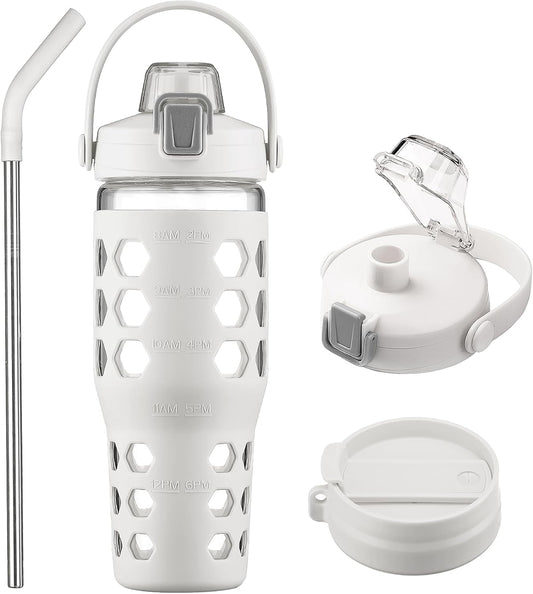MUKOKO 32 oz Glass Tumbler with Straw,Glass Water Bottles with Time Marker,Iced Coffee Cup with 2 Lids-Handle Spout Lid&Straw Lid,Silicone Sleeve,Leakproof,1 Pack-White