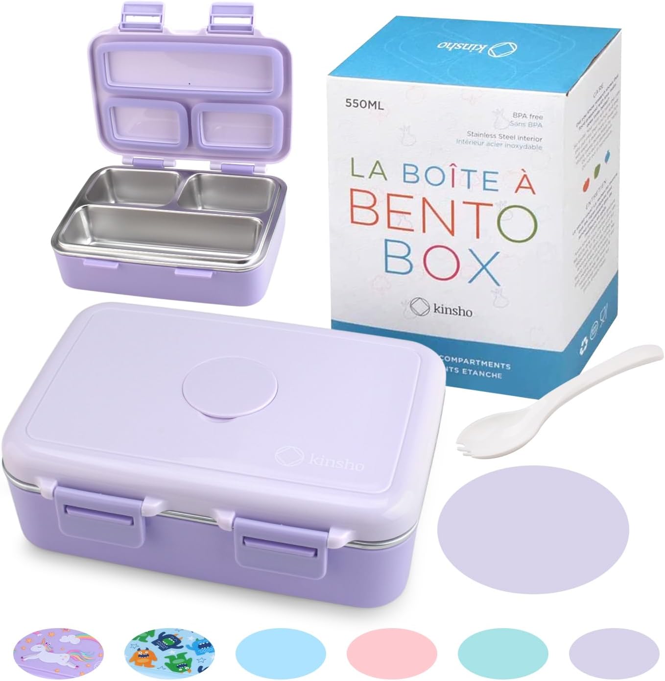 Small Stainless Steel Lunch Box for Baby Toddlers Girls, Mini Bento, 3 Eco Metal Portion Sections Leakproof Lid, Pre-School Daycare Lunches, Toddler Spill-Proof Snack Container, 18 oz/550 mL Purple
