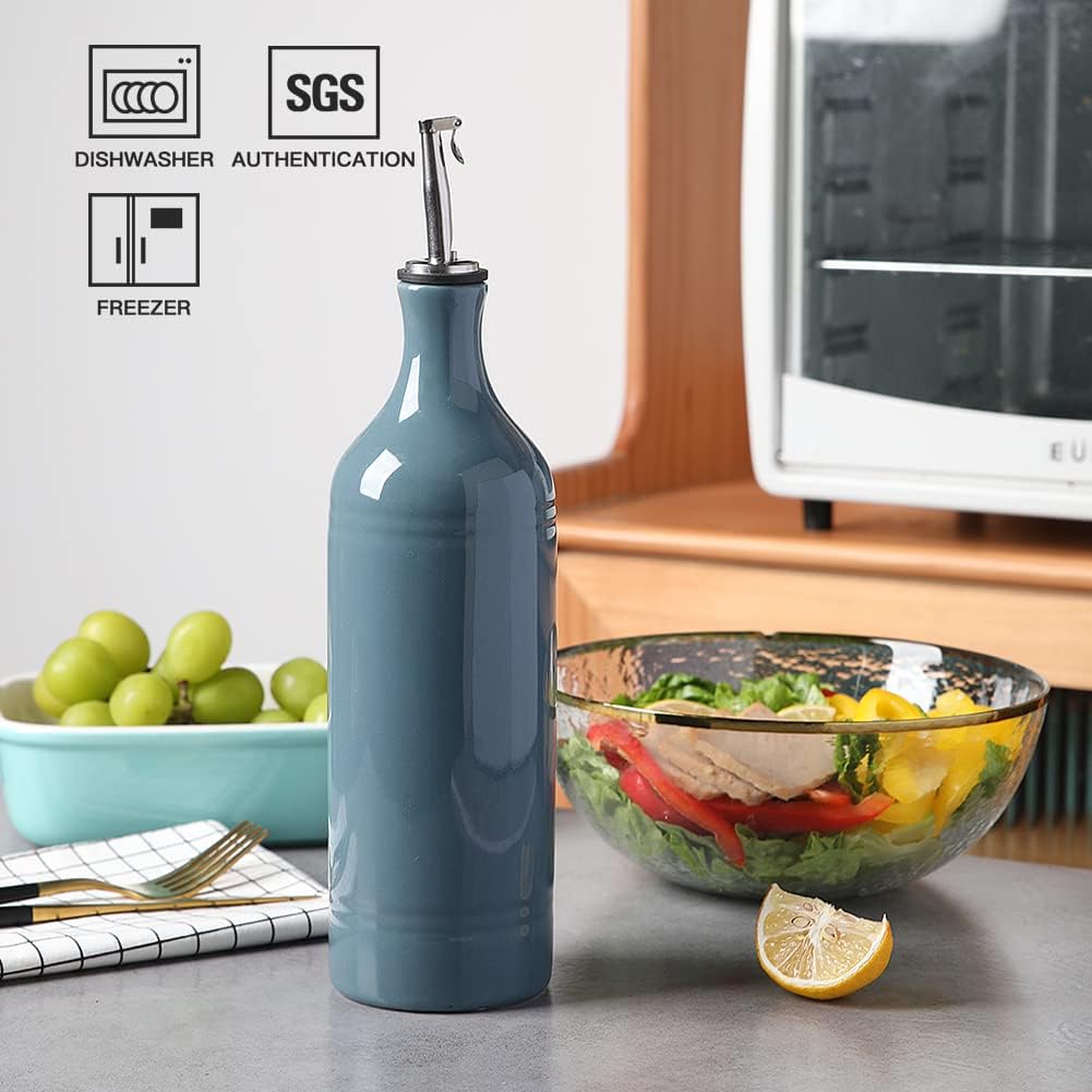 Sweejar Large Ceramic Olive Oil Dispenser Bottle, Opaque Oil Cruet Protects Oil to Reduce Oxidation, Suitable for Storage Oil, Vinegar, Soy Sauce & Other Liquids, Pack of 1, 24 Fl Oz (Fog Blue)