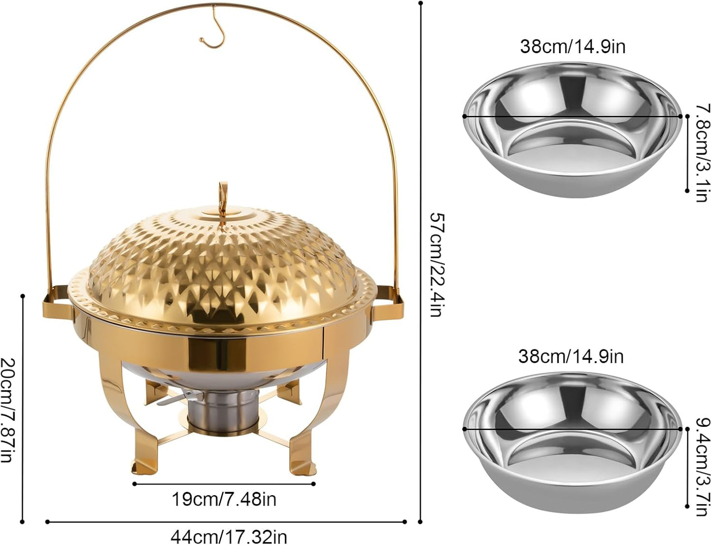 Chafing Dish Buffet Set, Stainless Steel Hanging Lid Dining Stove, Roll Top Chafing Dish Buffet Diamond-Shaped Lid and Round Stand for Buffet Restaurants and Banquets (Gold, 8L/8.5QT)